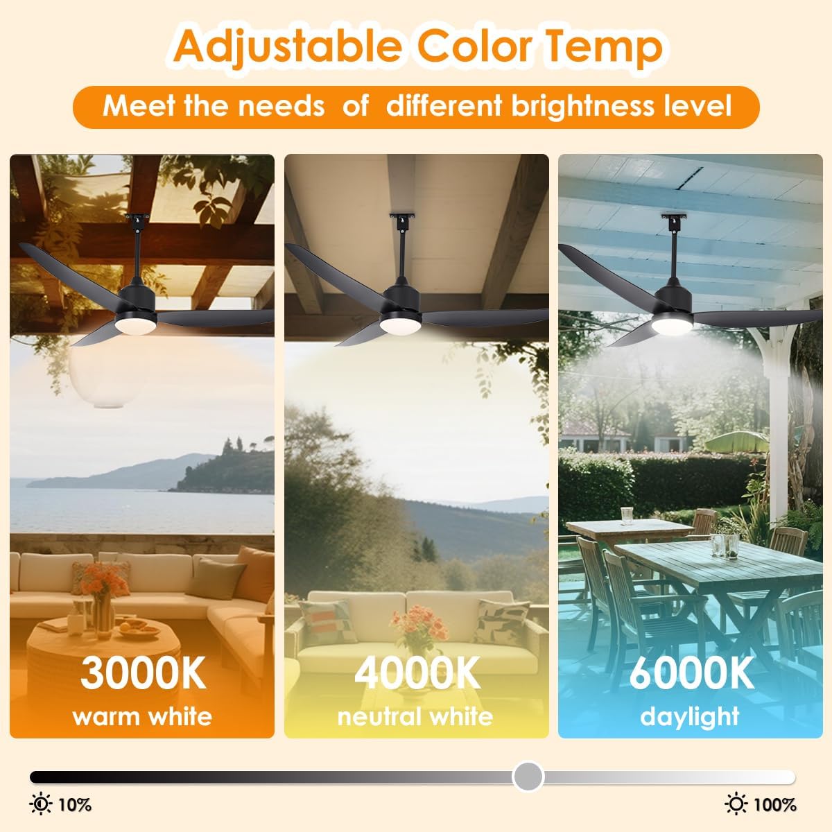 52 inch Outdoor Ceiling Fan with Lights,IP65 Waterproof Gazebo Fan with Remote, Farmhouse Rustic Ceiling Fans,Plug in Hanging Ceiling Fan with 3CCT 6-Speeds for Patio Porch Pergola