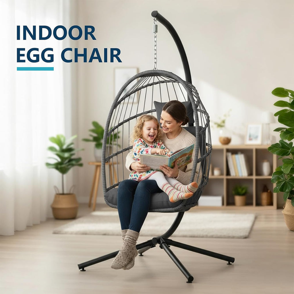 LEYCAY Hanging Egg Chair with Stand, Outdoor Indoor Swing Egg Chair with Cushion, Wicker Hammock for Patio, Bedroom 350 LBS Capacity-Dark Grey