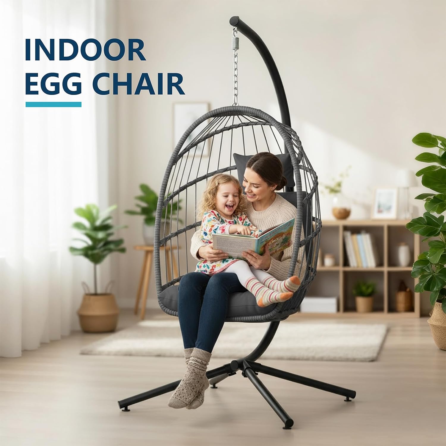 LEYCAY Hanging Egg Chair with Stand, Outdoor Indoor Swing Egg Chair with Cushion, Wicker Hammock for Patio, Bedroom 350 LBS Capacity-Dark Grey