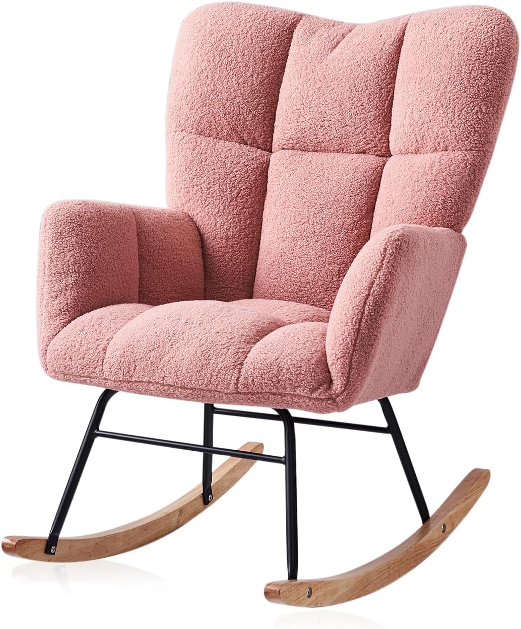 Rocking Chair Nursery, High Backrest Teddy Glider Rocker Upholstered Rocker Recliner Modern Rocking Accent Chairs for Bedroom, Living Room, Offices (Pink)
