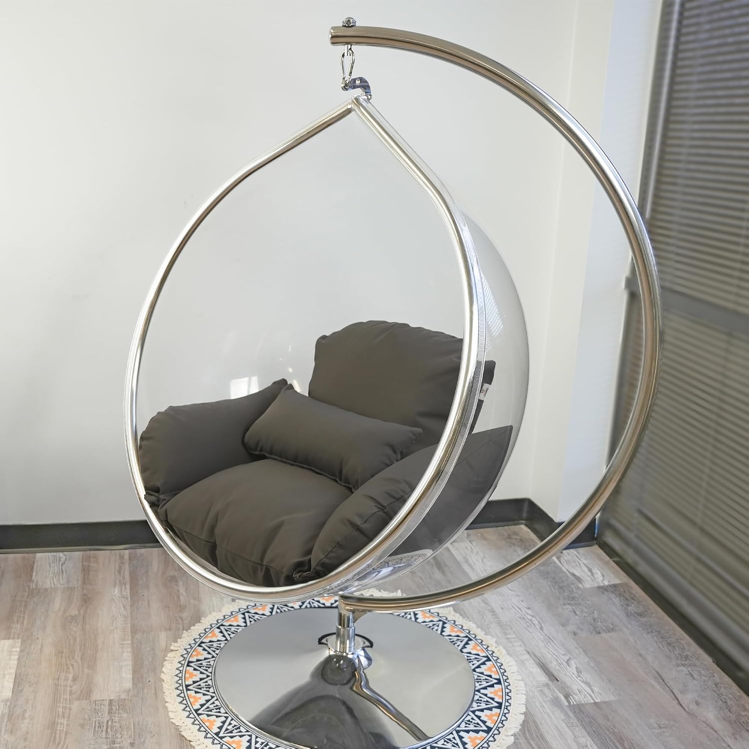 Hanging Chair - Transparent Acrylic Bubble, Waterdrop Shape, Indoor Swing Chair with Gold/Chrome Stand, Durable Fabric Cushion - Luxury Accent for Living Room, Bedroom (Gold/Darkgray)
