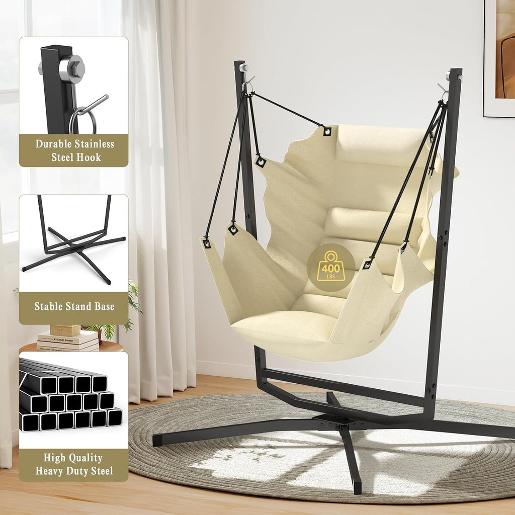 360° Swivel Hammock Swing Chair with Stand - Comfortable Hanging Chair with Cushions (400 lbs Capacity) for Indoor/Outdoor Use - Perfect for Bedroom, Patio, Porch, Deck, Garden, Balcony