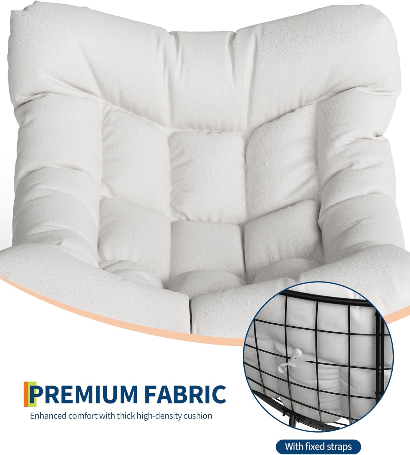 GarveeLife Outdoor Papasan Rocking Chair, Oversized Rocking Chair with Sturdy Metal Frame, Patio Egg Rocker for Balcony Backyard Porch Bedroom, White