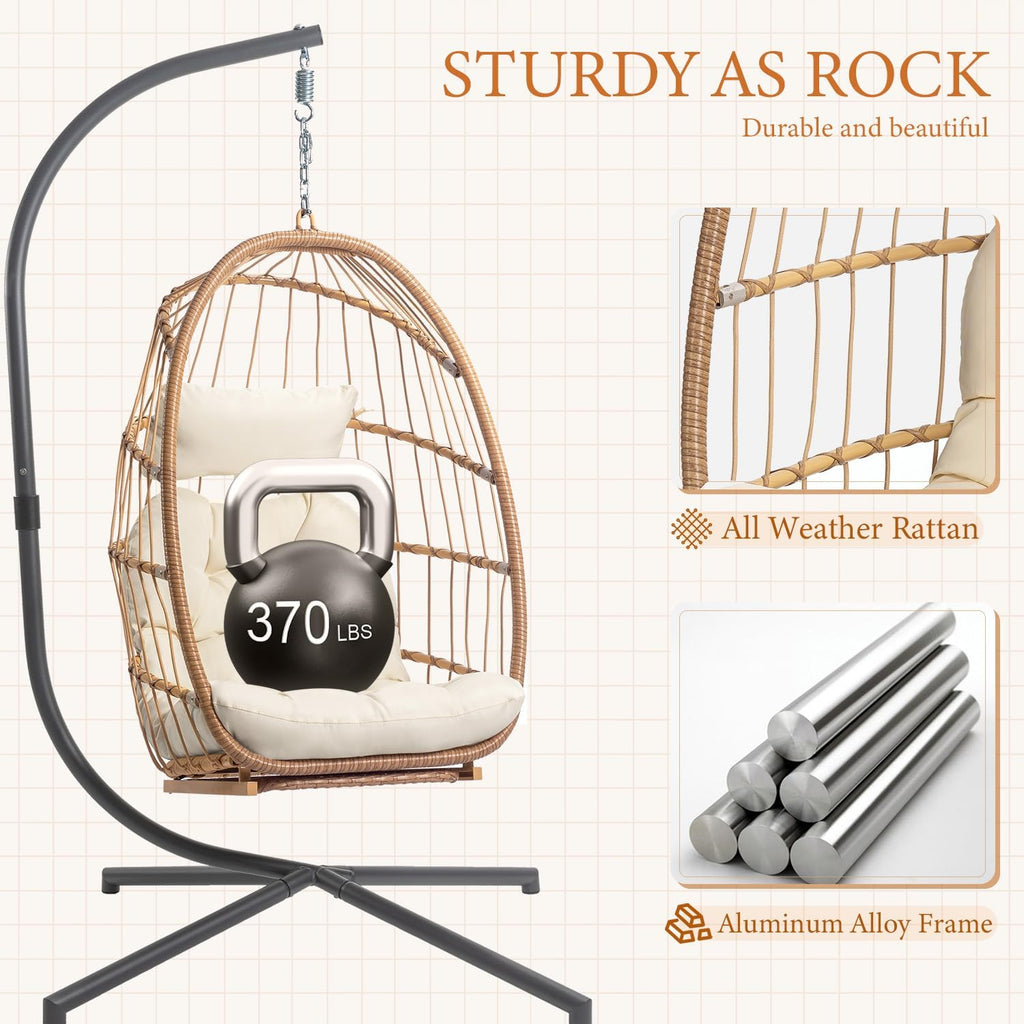 Hanging Egg Chair with Stand and Footrest for Indoor Outdoor - Patio Swing Egg Chairs Wicker Hammock Chair Bedroom, Aluminum Steel Frame and UV Resistant Cushion 370LBS Capacity for Kids Adults, Beige
