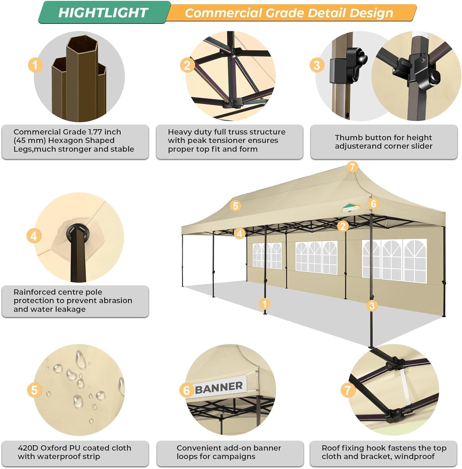 COBIZI Heavy Duty 10x30 Party Tent, Commercial 10x30 pop up Canopy for Parties Waterproof Gazebos with 8 Sidewalls, All Season Wind & Waterproof UPF50+,Stable Thickened Frame, Khaki
