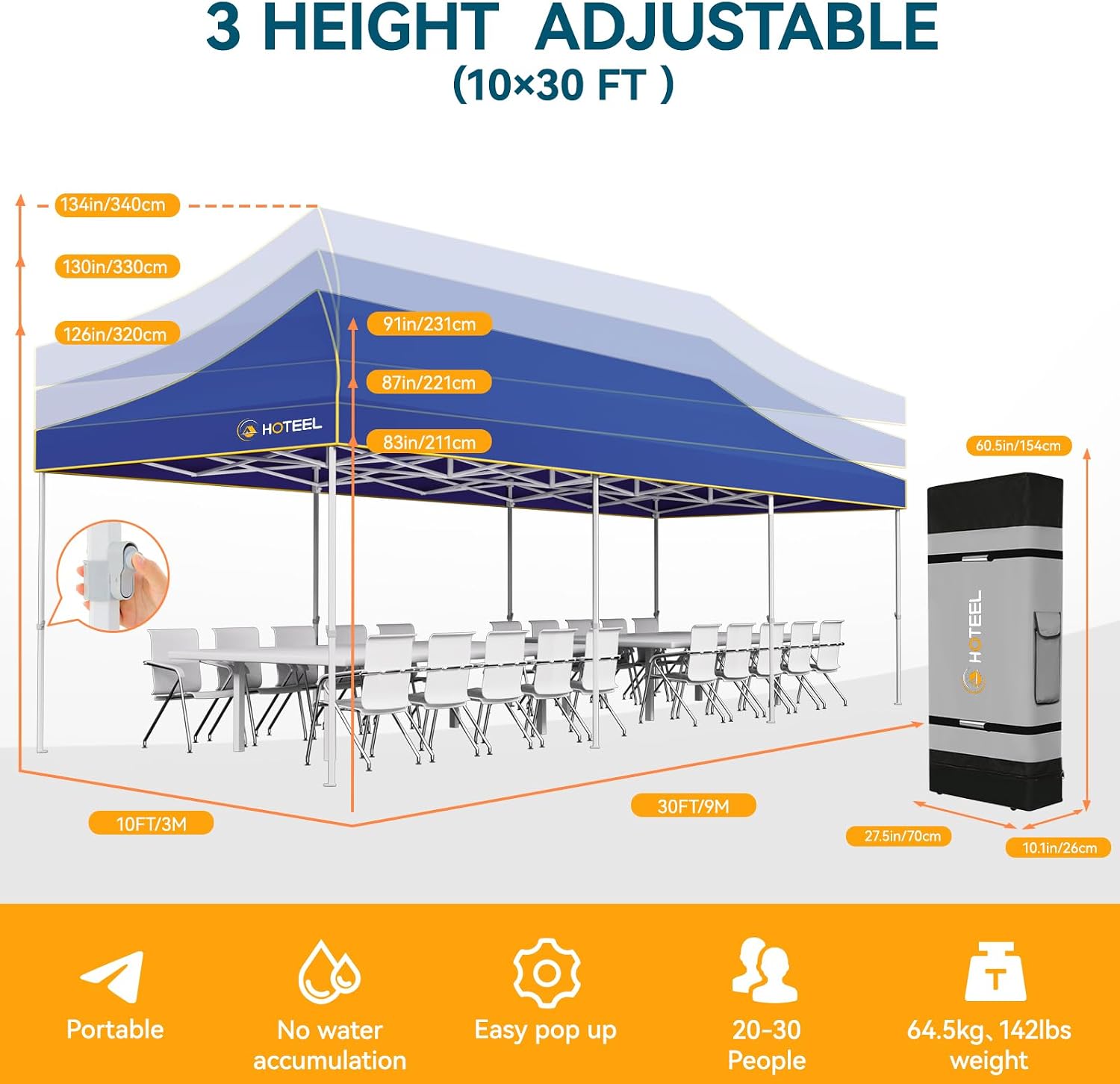 Hoteel 10x30 Pop Up Canopy Tent Heavy Duty with 5 Sidewalls, Waterproof Party Tent, Easy Set-up Commercial Instant Tents with Roller Bag & Sandbags, Hexagonal Leg (1-Year Warranty)
