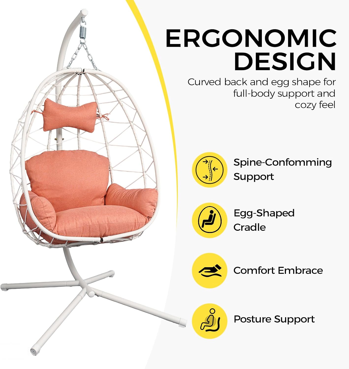 Egg Chair with Stand, Wicker Hanging Chair for Outdoor Patio, Cushioned Hammock Swing for Bedroom Garden Indoor/Outdoor, Double-Zipper Structure Hanging Egg Chair (White and Orange-red)