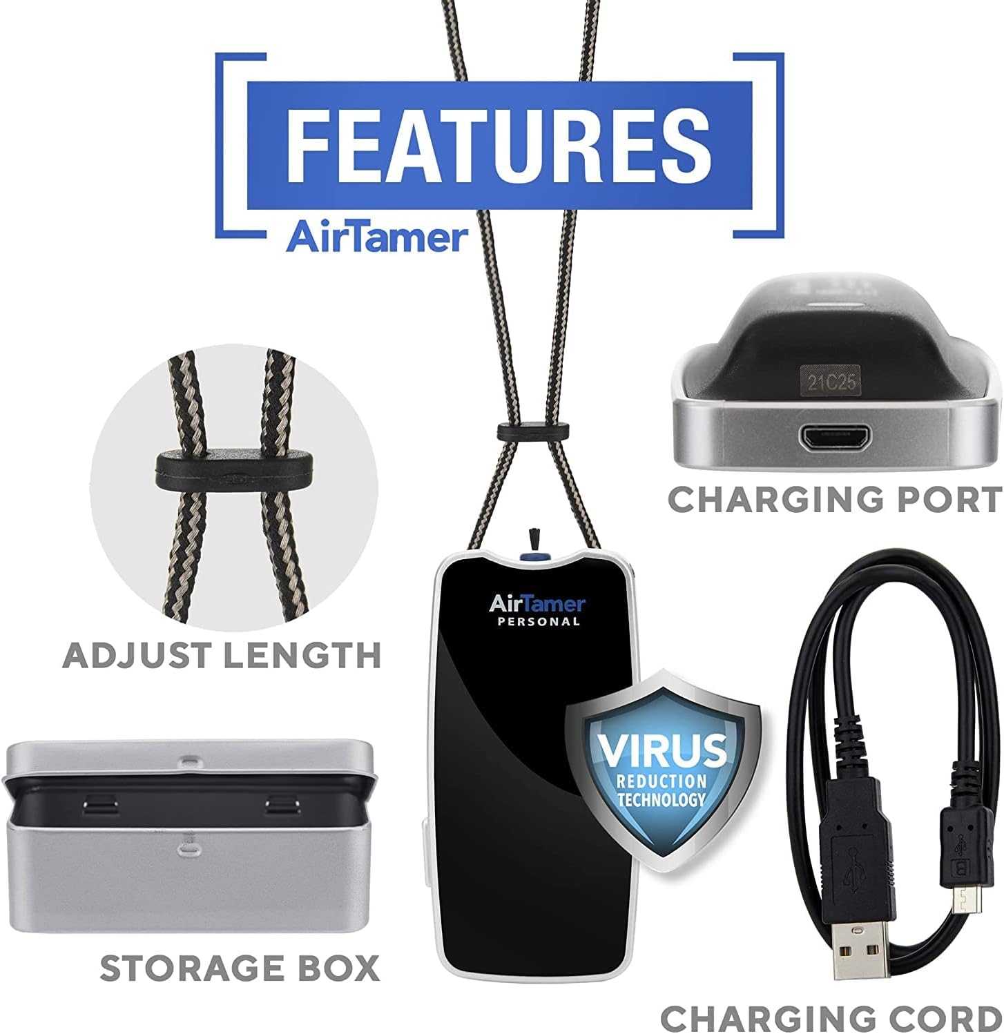 AirTamer A310 Personal Air Purifier Necklace – Rechargeable Wearable Air Cleaner for Travel, Office & Everyday Use - Silent, Lightweight, Black with Metal Case