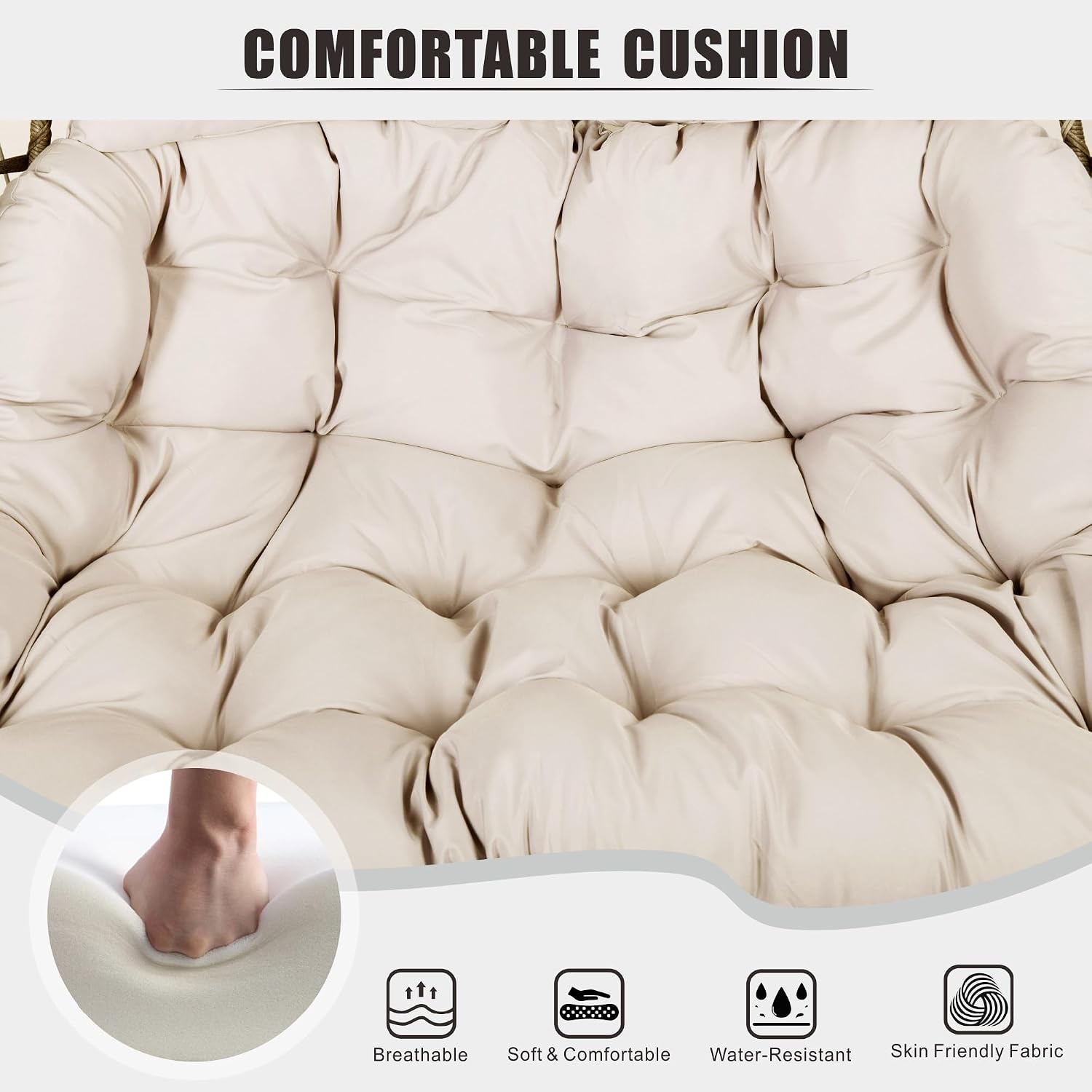 Double Hanging Egg Chair wth Stand, Patio Hammock Swing Chair with Cushion Loveseat for Bedroom, Balcony, Garden, Indoor, Outdoor, Beige