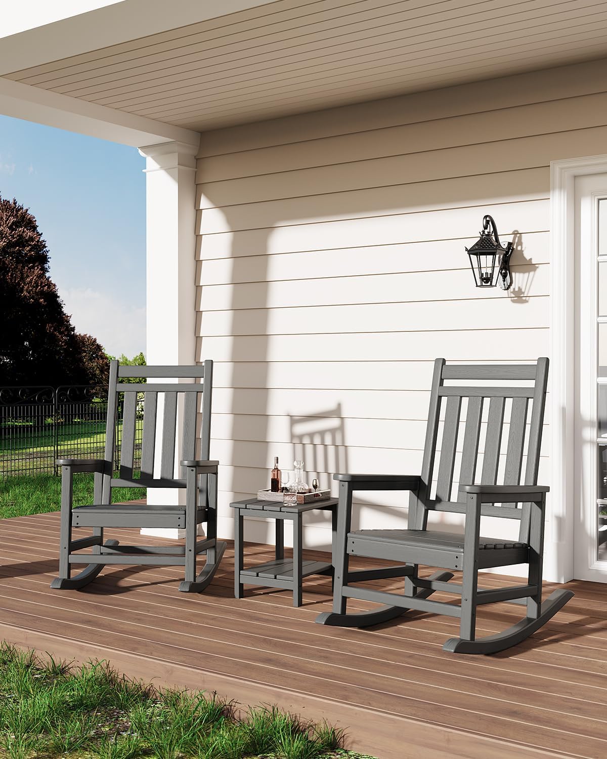 GarveeLife Poly Lumber Rocking Chair Outdoor - HDPE High Back Porch Rocker Chairs for Adults - All Weather Resistant Furniture for Patio - Grey