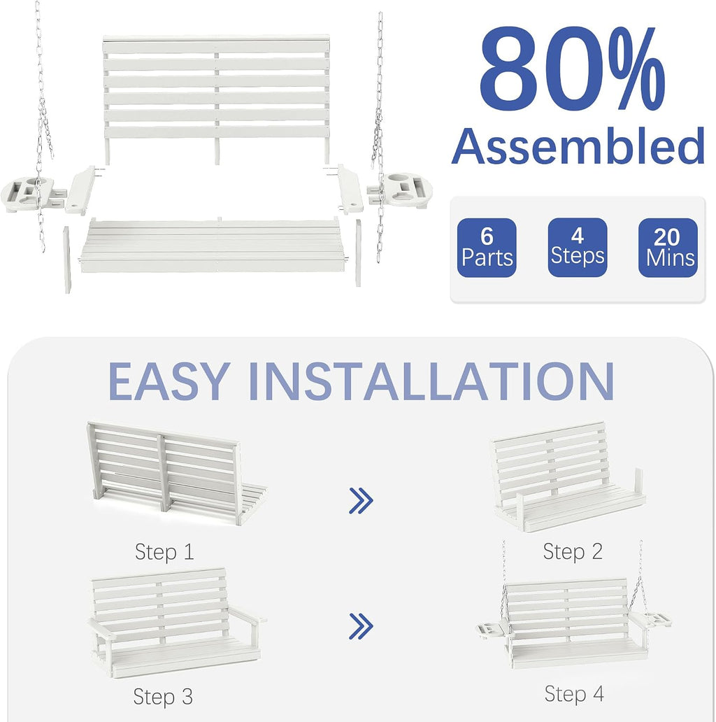FOOWIN Porch Swing, 4 FT Patio Swing with Cup Holders, Adjustable Hanging Chains, HDPE Outdoor Swing for Patio, Porch, Garden, Yard, Heavy Duty 660 LBS Weight Capacity White