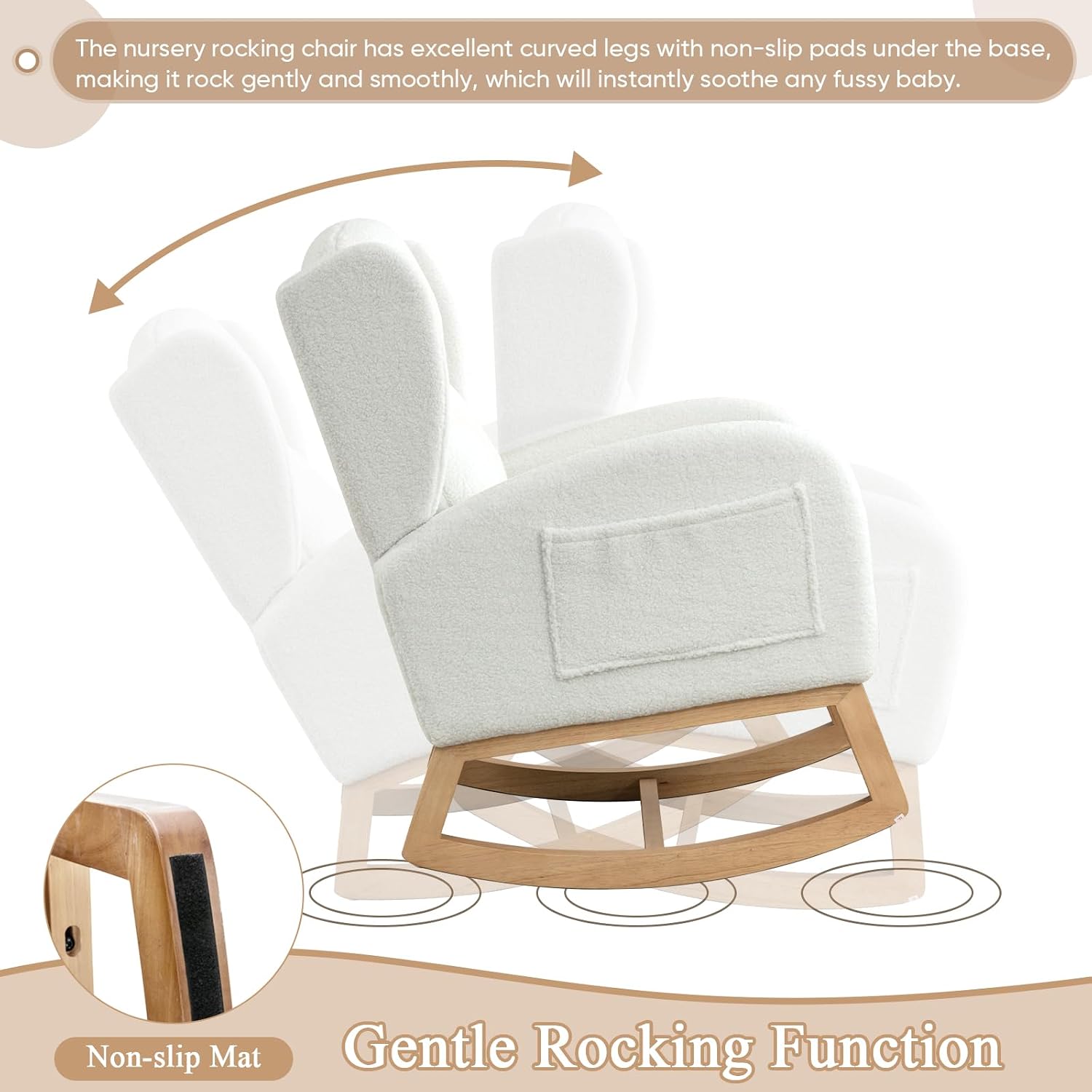 Rocking Glider Chair for Nursery, Wingback Teddy Accent Rocker Chair Upholstered Tall Back Arm Chair w/Side Pockets, Modern Leisure Single Sofa for Living Room, Hotel, Bedroom, Baby Room, Ivory