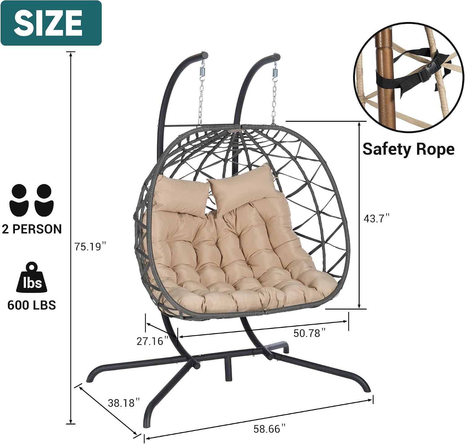 JOYBASE Double Swing Egg Chair with Stand, 2-Person Hanging Egg Chair Wicker Rattan Oversized Swinging Chair for Outdoor Indoor Garden Patio (Khaki Cushion and Grey Rattan)