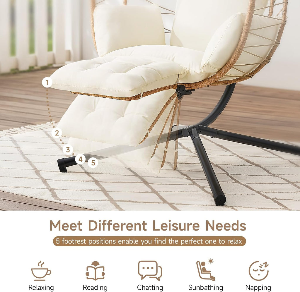 ONBRILL Hanging Egg Chair with Adjustable Footrest & Stand, Wicker Rattan Swing Hammock Chair with Cushion & Double Chains, 350LBS Capacity for Outdoor & Indoor Patio, Deck, Bedroom, Balcony (YE-BE)