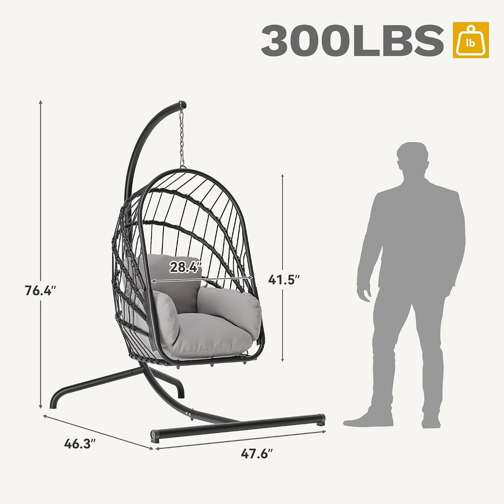 DWVO Wicker Swing Egg Chair 300lbs Capacity - Foldable Hanging Hammock with Cushions & Stand, Indoor/Outdoor Patio Swing Chair for Bedroom, Garden, Balcony (Grey)