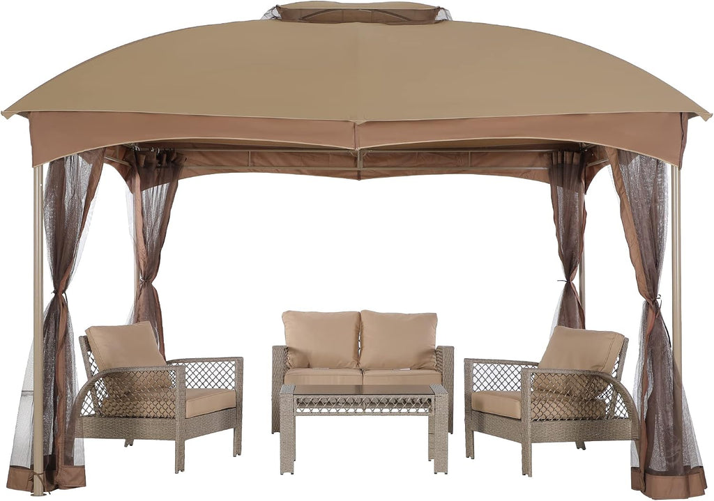 PHI VILLA 10x12 Gazebo Canopy for Patio, Double Vent Outdoor Canopy Gazebo with Netting, Screen Patio Gazebo Heavy Duty for Garden Deck Khaki