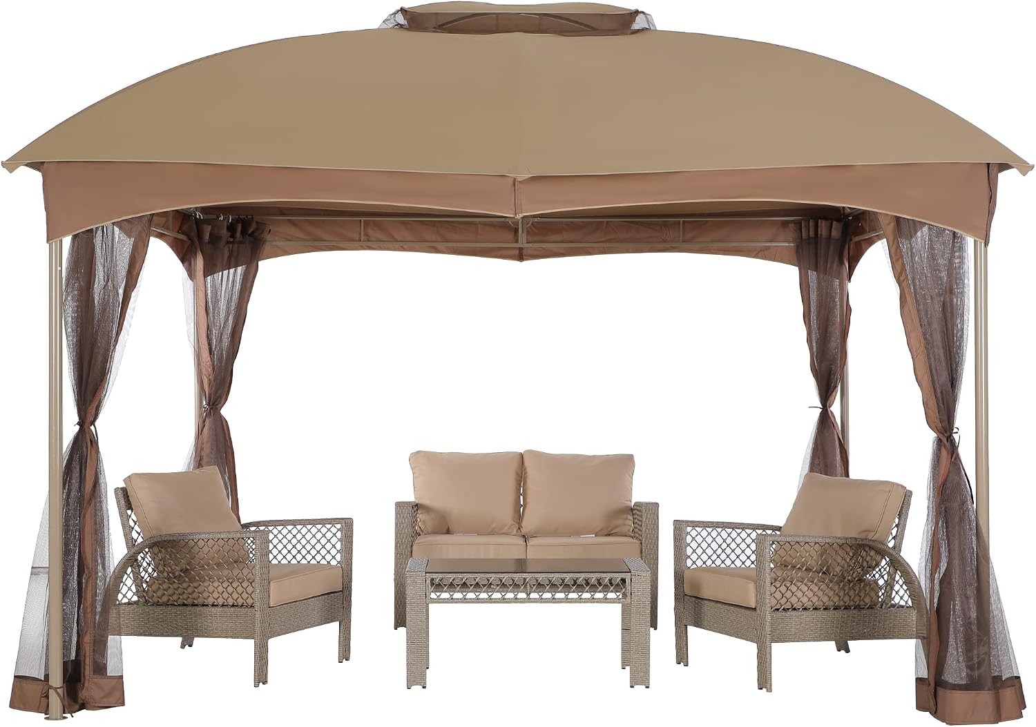 PHI VILLA 10x12 Gazebo Canopy for Patio, Double Vent Outdoor Canopy Gazebo with Netting, Screen Patio Gazebo Heavy Duty for Garden Deck Khaki