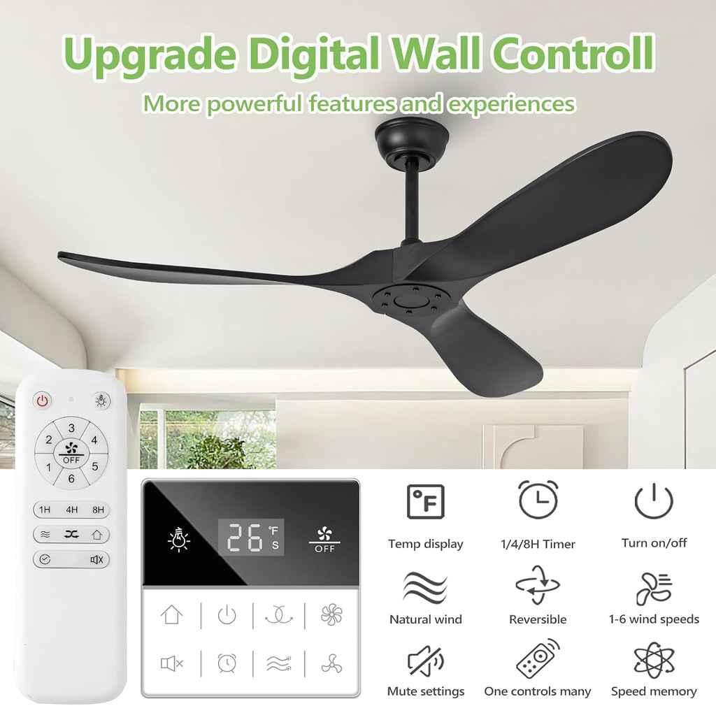 52 Inch Black Ceiling Fan No Light,Living Room Ceiling Fans Without Lights, Medium Modern 3 Blade Quiet Dc Ceiling Fans For Slanted Ceilings, Rustic Wood Ceiling Fan For Gazebo With Remote