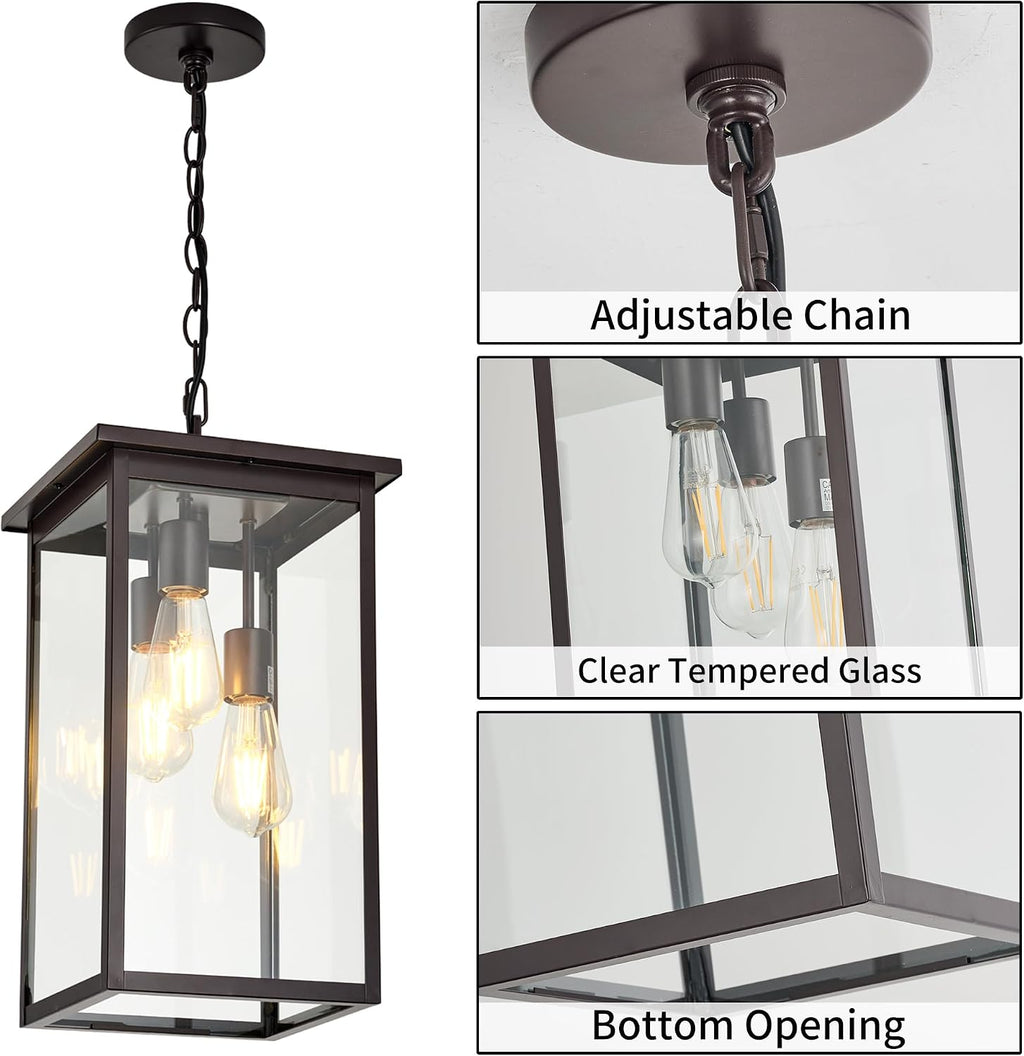 3-Light Outdoor Indoor Chandeliers,Oil Rubbed Bronze Pendant Light with Clear Glass Shade,Exterior Hanging Lantern for Front Porch Entrance Foyer Entryway (Bulb Not Included)