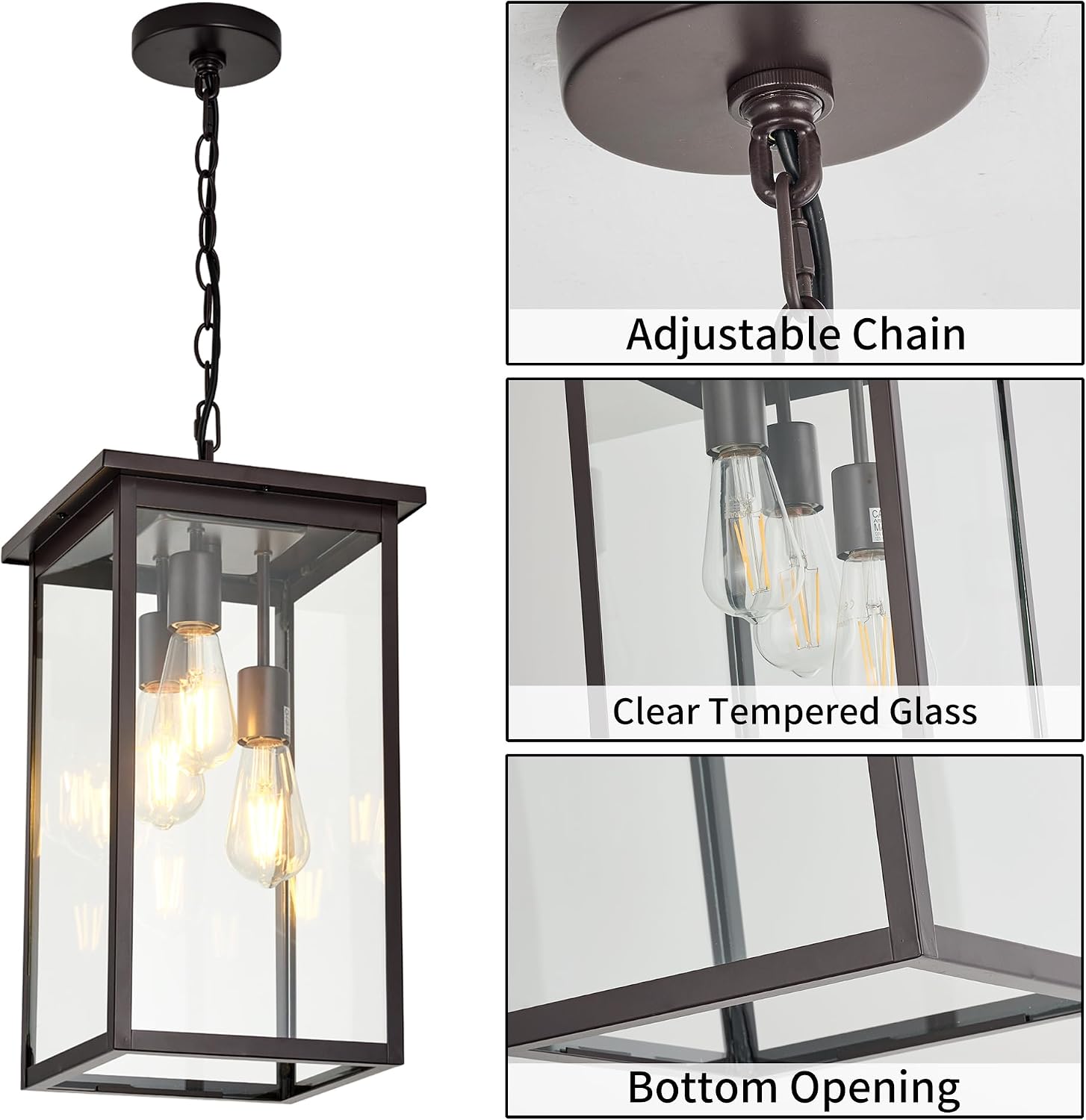 3-Light Outdoor Indoor Chandeliers,Oil Rubbed Bronze Pendant Light with Clear Glass Shade,Exterior Hanging Lantern for Front Porch Entrance Foyer Entryway (Bulb Not Included)
