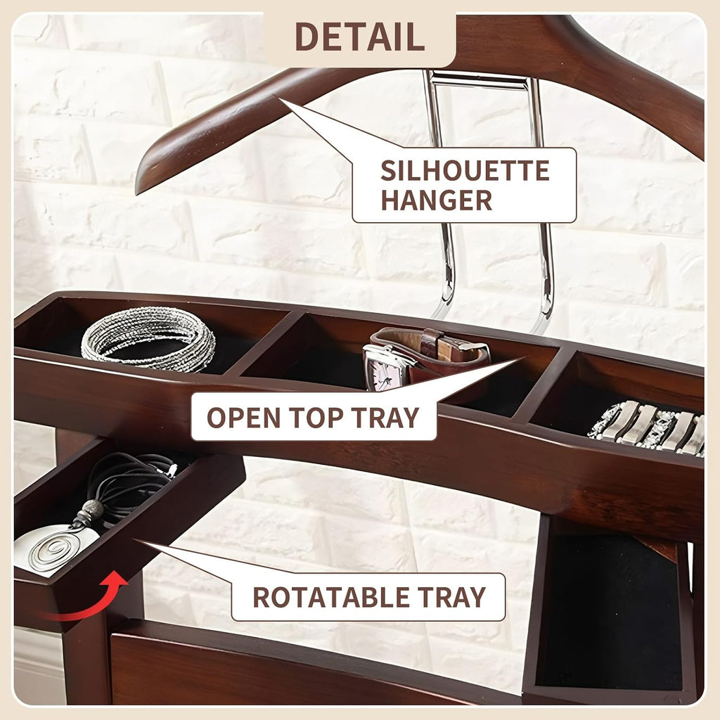 Chair Valet with cushioned seat Freestanding Suit Stand&Clothes Butler Wood Valet Stand with Drawer&Tray Clothing Rack with Contour Hanger Trouser Bar Suit Rack for Living Room Office Dressing Room