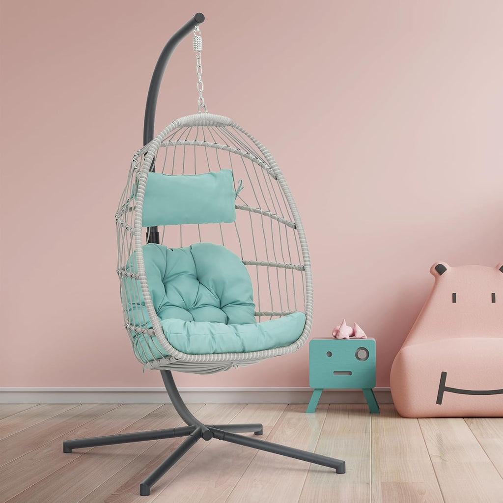 Brafab Egg Chair with Stand Indoor Outdoor Swing Egg Chair, Patio Wicker Hanging Chair with Stand Hammock Egg Chairs with UV Resistant Cushion and Aluminum Frame for Bedroom Balcony Garden Light Blue