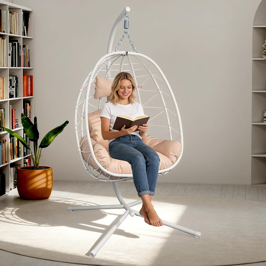 Egg Chair with Stand, Wicker Hanging Chair for Outdoor Patio, Cushioned Hammock Swing for Bedroom Garden Indoor/Outdoor, Double-Zipper Structure Hanging Egg Chair (White and Beige)