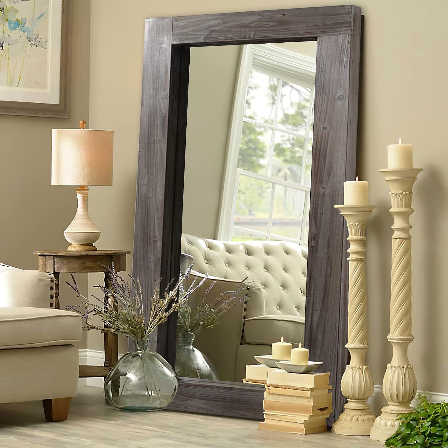 NeuType Floor Mirror Full Length, 71x32in Rustic Wood Frame Full Body Dressing Mirror, Wall-Mounted or Leaning Against Wall Standing Mirror, Farmhouse Decor for Bedroom Living Room, Charcoal Grilled