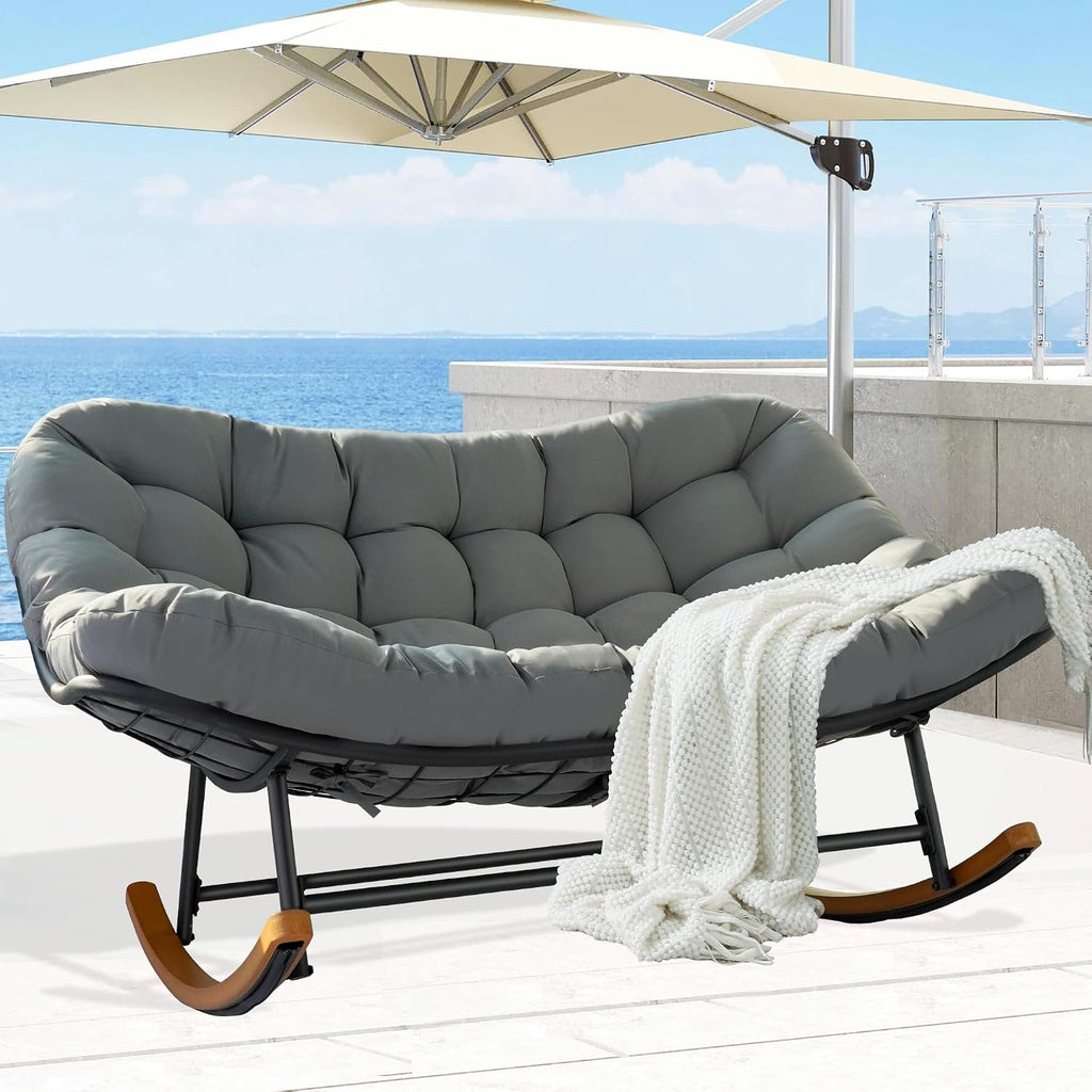 Rocking Papasan Chair,Patio Rocking Chairs for 2-Person Indoor & Outdoor,Oversized Rocking Chair with Thicken Cushion and Steel Frame,Rocker Lounge Chair for Yard,Living Room,Grey