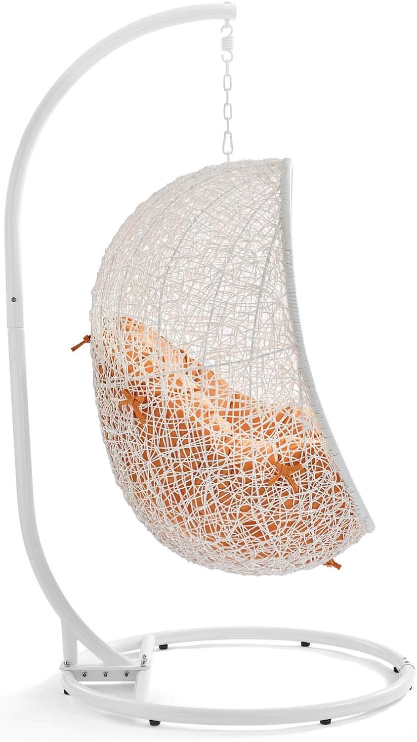 Modway Hide Wicker Rattan Outdoor Patio Porch Lounge Egg Swing Chair Set with Stand in White Orange