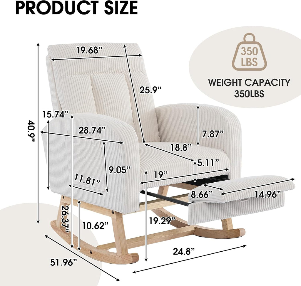NIOIIKIT Nursery Rocking Chair, Corduroy Upholstered Rocking Chair with Adjustable Footrest, Tufted Rocker Chair with Side Pocket, Glider Rocker for Living Room (Cream Casual)