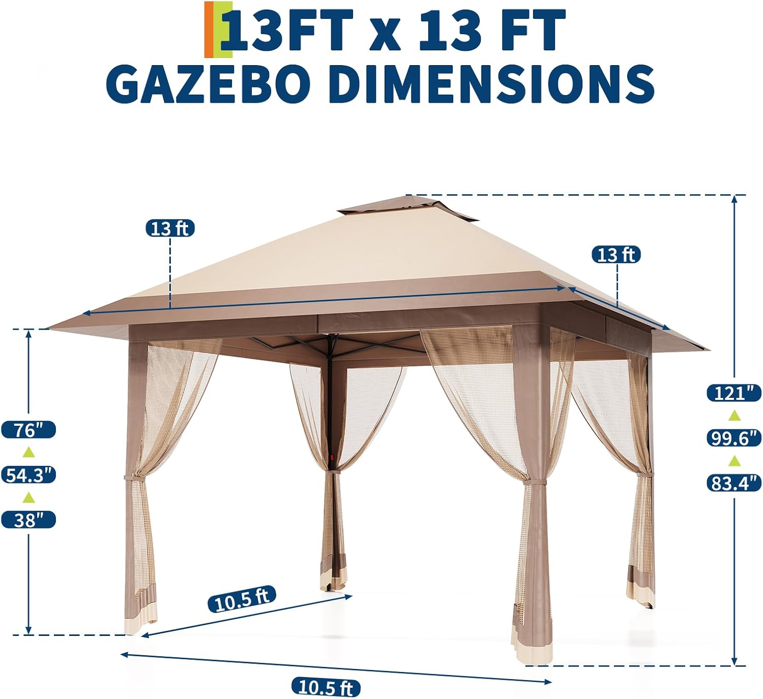 GarveeTech Pop Up Gazebo 13x13 ft Canopy Tent with Mosquito Netting, Outdoor Patio Gazebo with 3 Adjustable Heights, Tent Shelter Quick Setup Backyard Tent for Party,Wedding (Khaki)