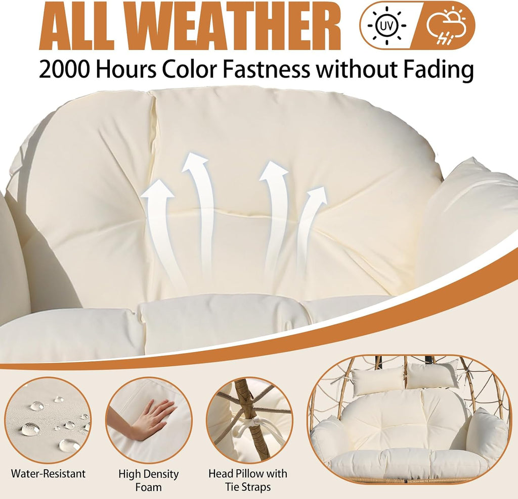 Double Egg Swing Chair With Stand & Adjustable Canopy, Outdoor Indoor Hanging Egg Chair, Handwoven Pe Rattan Loveseat With Uv-Resistant Cushions, 680Lbs Capacity For Patio, Garden, Balcony (White)