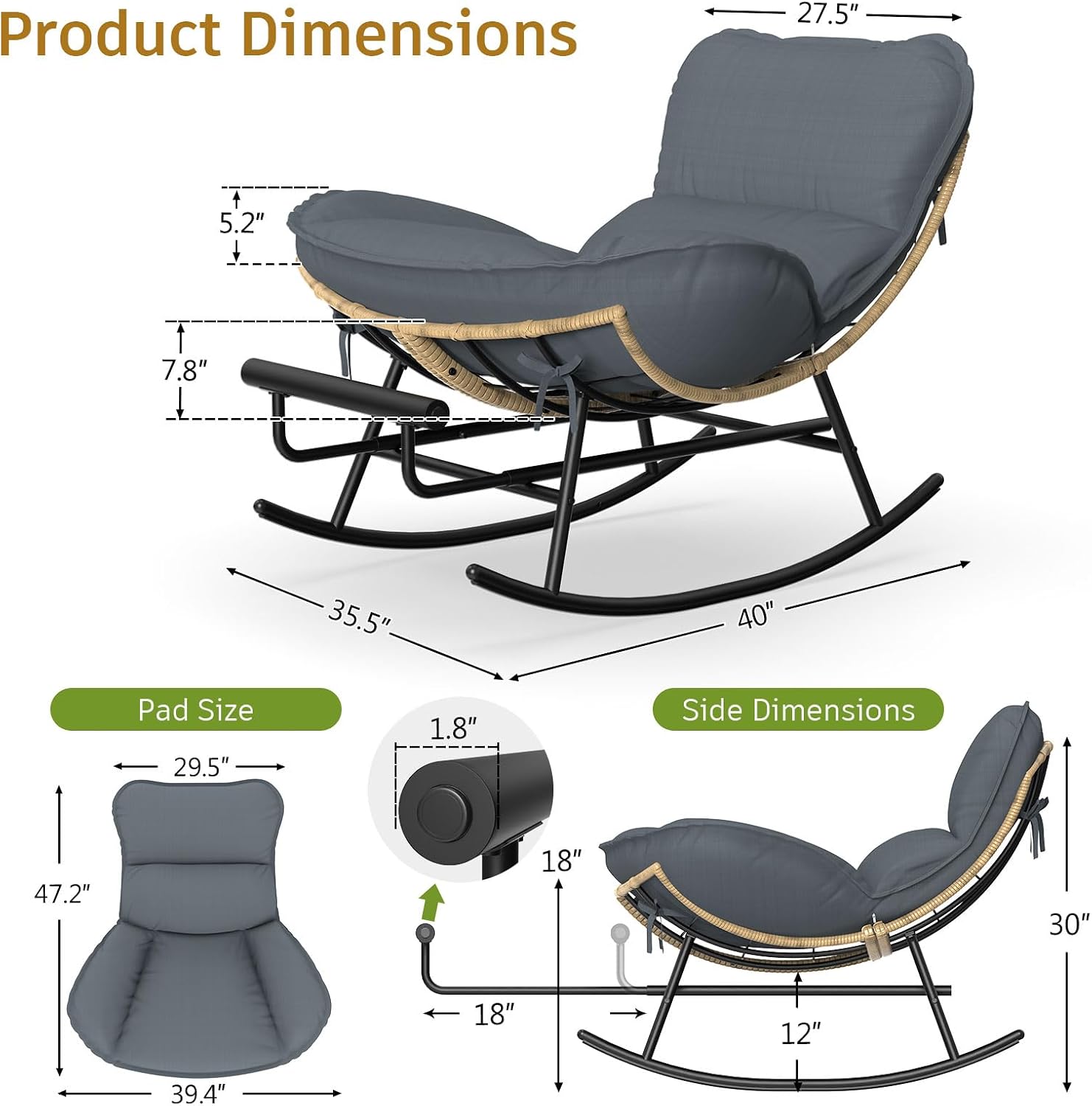 ZENPETIO Outdoor Rocking Chair - Oversized Metal Frame Papasan Rocking Chair with All Weather PE Wicker Rattan Rocker and Footrest for Patio, Balcony, Porch, Lawn and Living Room - Grey