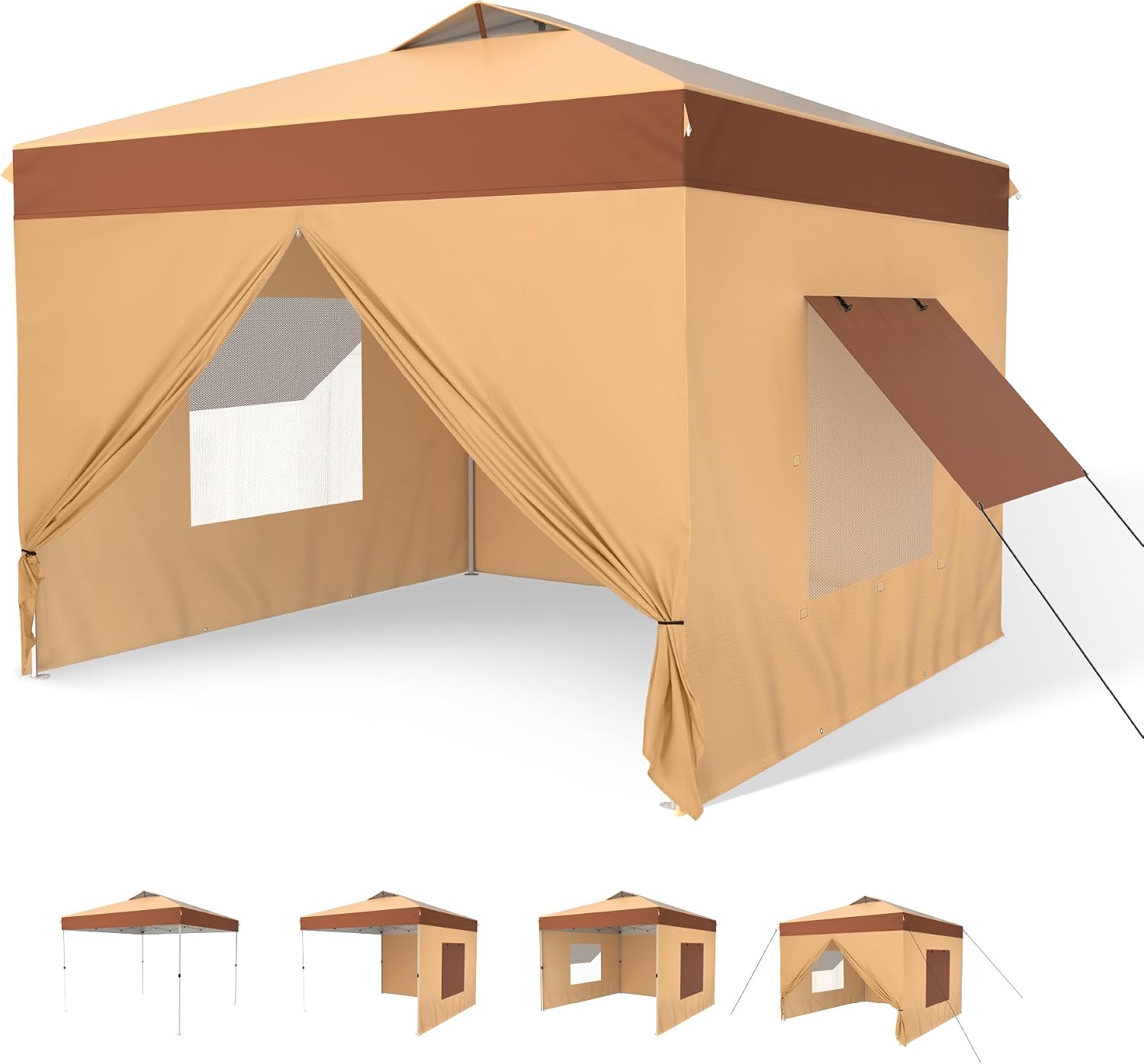 MFSTUDIO 10x10 Pop Up Canopy Tent with Removable Sidewalls, Outdoor Enclosed Instant Portable Shelter with Breathable Mesh Windows, One Person Setup, Beige