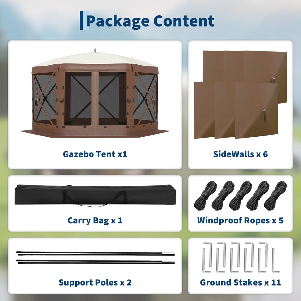 GarveeLife 11.5x11.5FT 6-Sided Pop Up Gazebo Tent，One-Push Setup Canopy Tent with Mesh Panels & Removable Wind Cloths, Outdoor shelter for Camping, Backyard Parties, Outdoor Events - Beige & Khaki