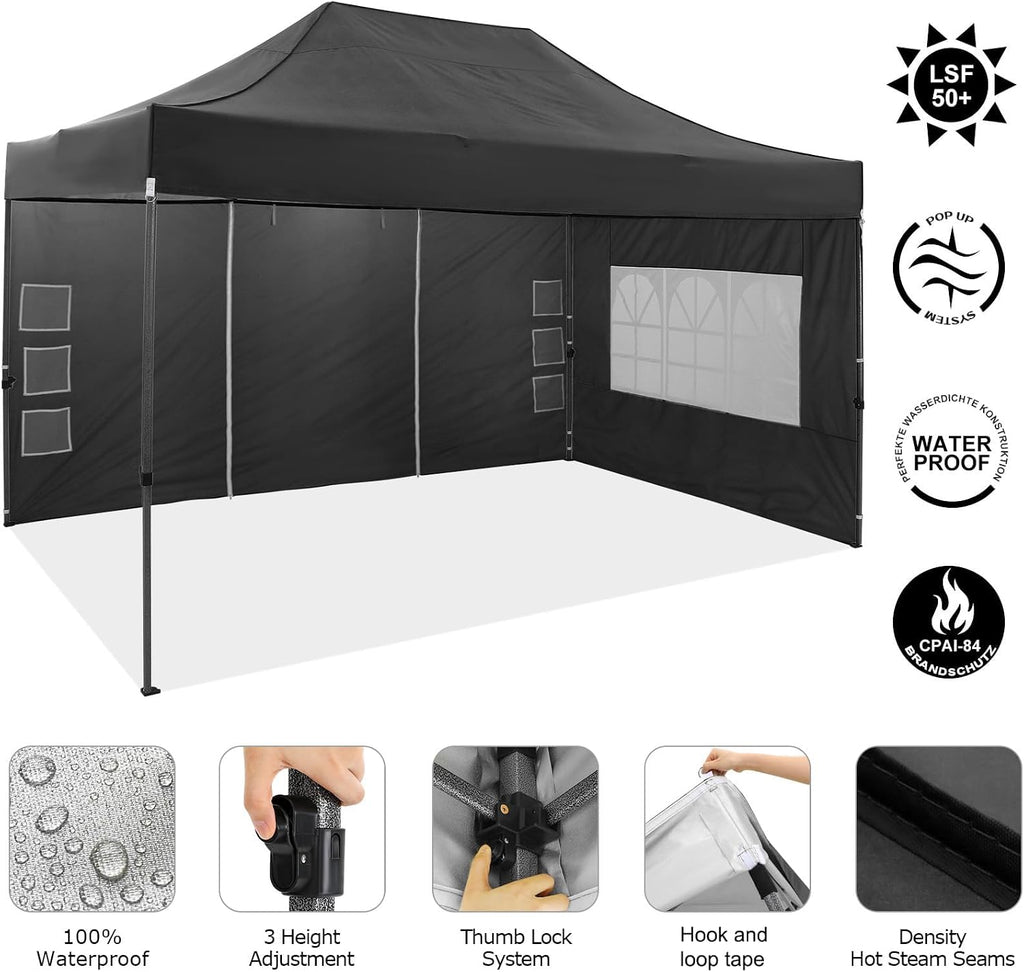 COBIZI 10x15 Pop up Canopy Tent 10x15 Canopy with 4 Sidewalls Waterproof Heavy Duty Commercial for Parties Outdoor Garden Gazebo Tent, Carry Bag(10x15ft, Black)