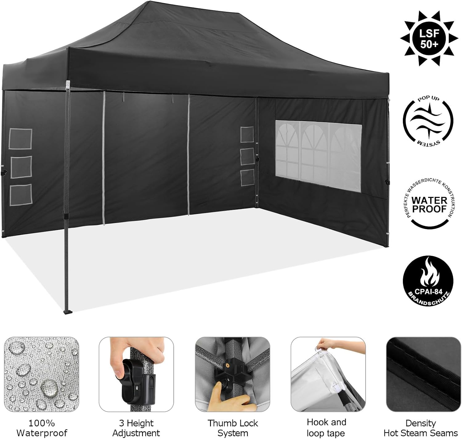 COBIZI 10x15 Pop up Canopy Tent 10x15 Canopy with 4 Sidewalls Waterproof Heavy Duty Commercial for Parties Outdoor Garden Gazebo Tent, Carry Bag(10x15ft, Black)