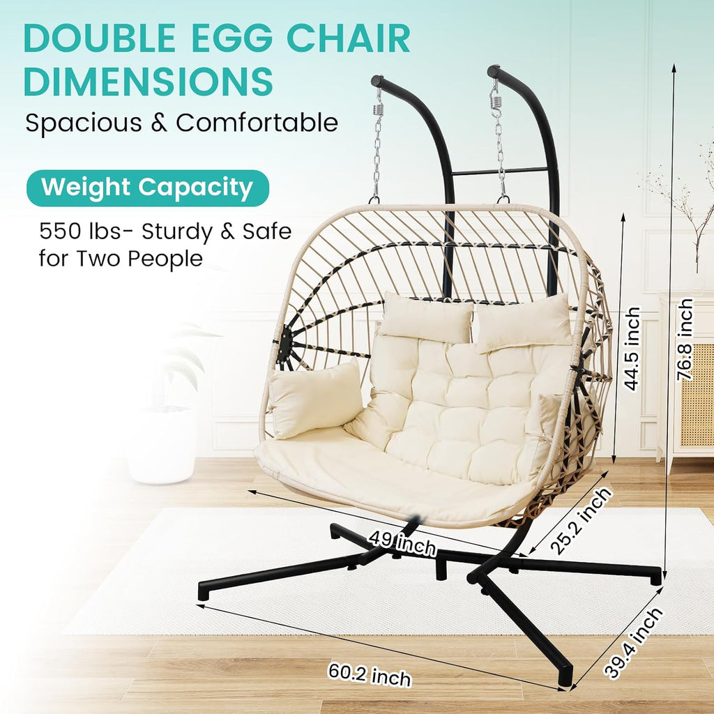 Double Egg Swing Chair with Stand Patio Rattan Wicker Hammock Chairs Outdoor Indoor Egg Swing Chair with Cushion Headrest 550 Lbs Capacity for Bedroom Balcony Garden Porch Backyard, Beige