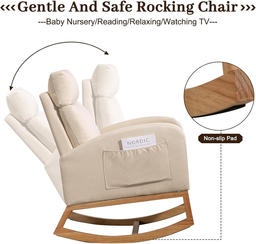 GarveeHome Nursery Glider Chair Rocking Chair, Upholstered Nursery with Rubber Wood Legs, Comfy High Backrest, Side Pockets, Accent Rocker Armchair for Living Room, 27.6' D x 33.9' W x 41.1' H, White