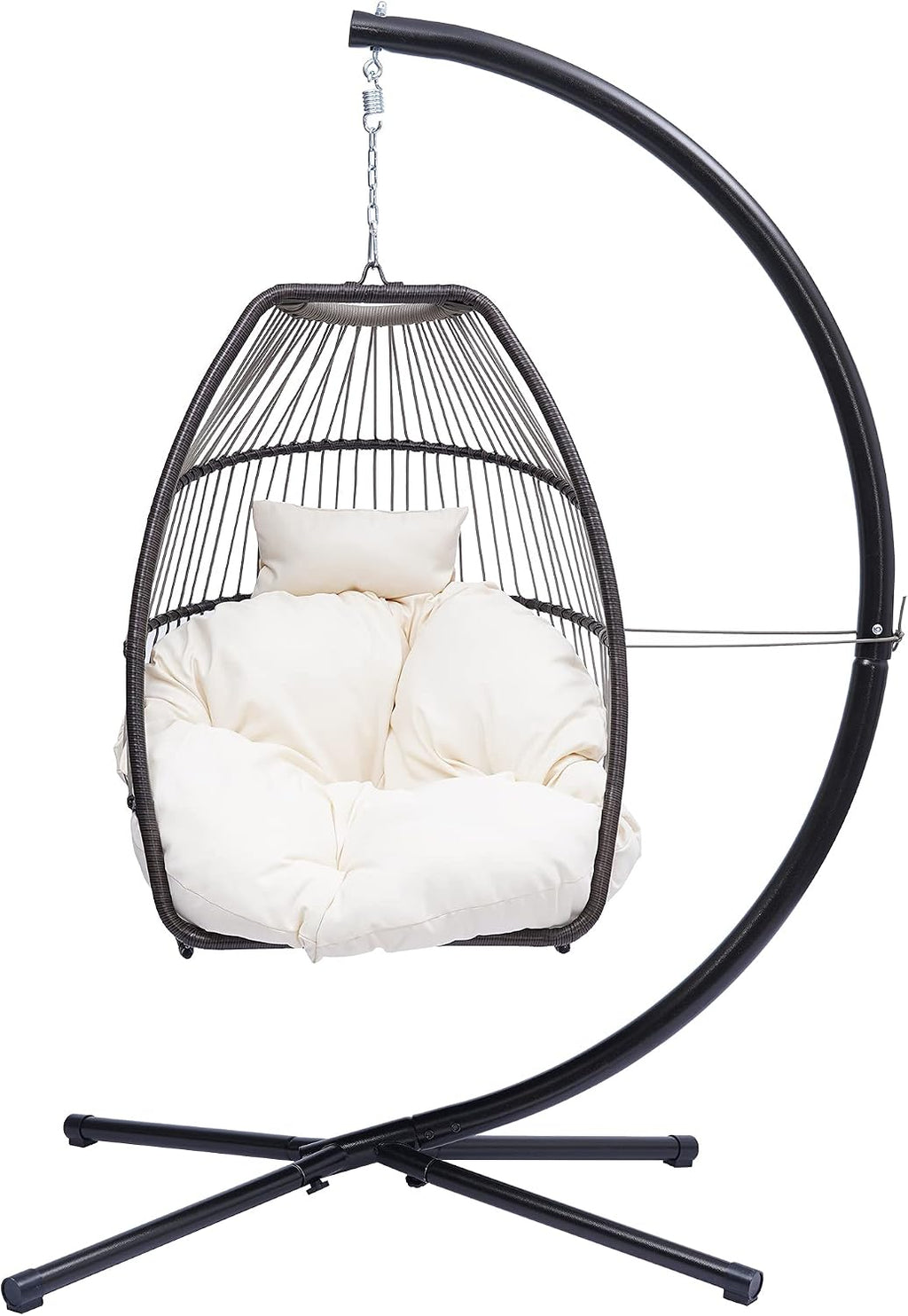 Modern Patio Wicker Folding Hanging Chair,Rattan Swing Hammock Egg Chair with C Type Bracket,with Cushion and Pillow,for Indoor,Outdoor,Beige