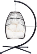 Modern Patio Wicker Folding Hanging Chair,Rattan Swing Hammock Egg Chair with C Type Bracket,with Cushion and Pillow,for Indoor,Outdoor,Beige