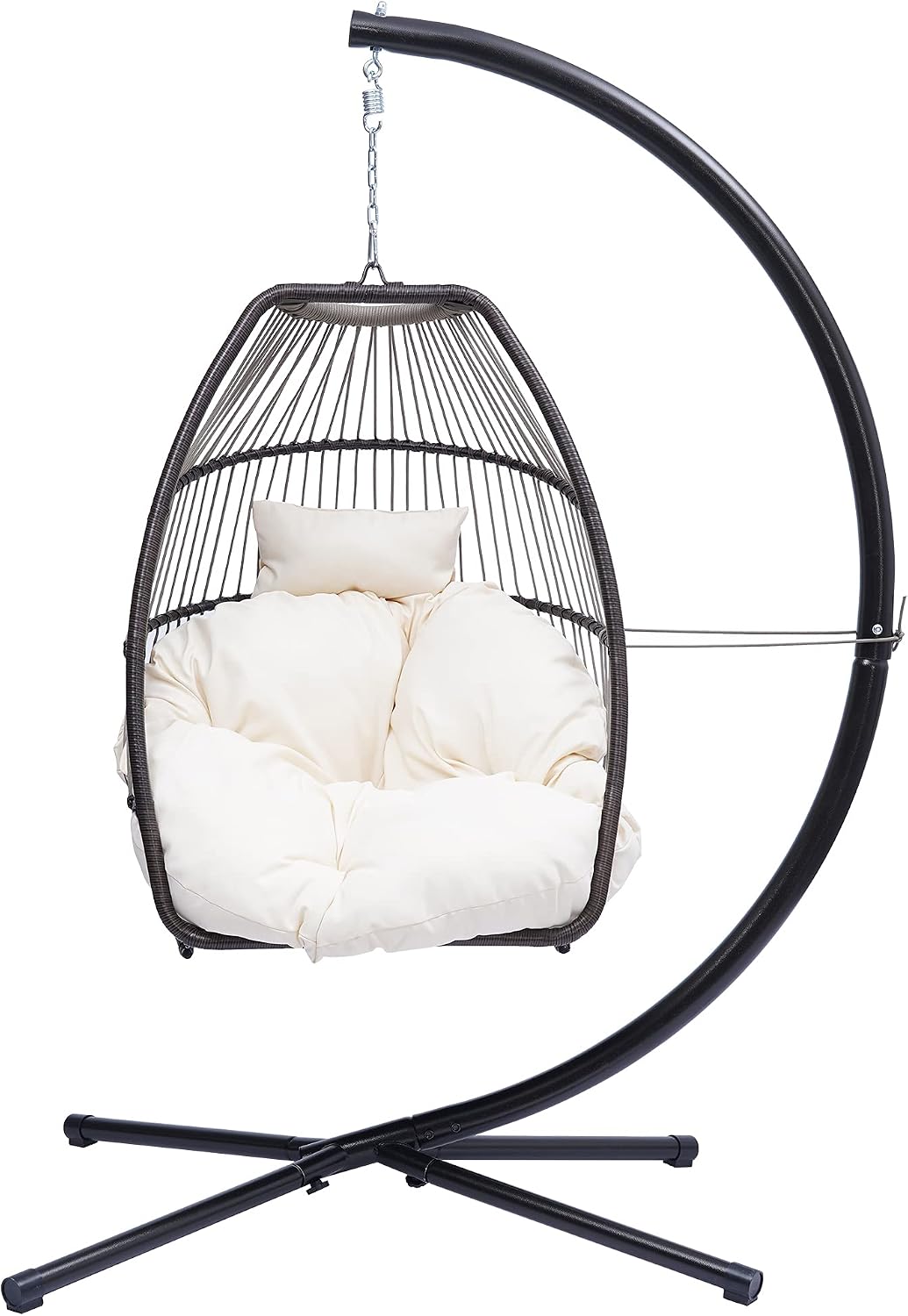 Modern Patio Wicker Folding Hanging Chair,Rattan Swing Hammock Egg Chair with C Type Bracket,with Cushion and Pillow,for Indoor,Outdoor,Beige