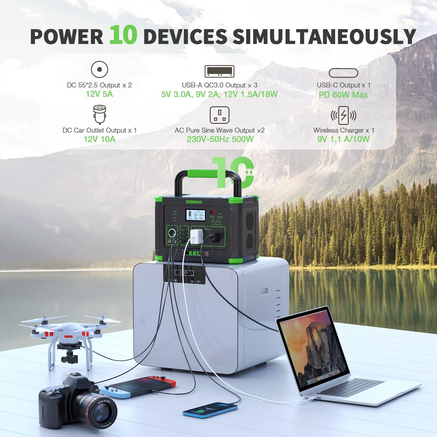 EBL Portable Power Station 500w(Peak 1000W), Camping Solar 519Wh Outdoor Solar Generator Backup Battery Pack with 2 110V AC Outlets, 10-Port Powerhouse for Outdoor and Indoor Emergency Use
