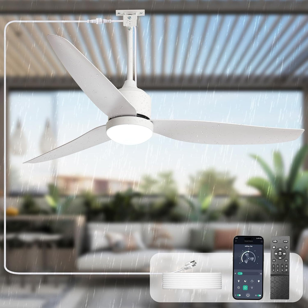 Outdoor Ceiling Fan with Light: 52' White Hanging Fan for Gazebo Waterproof - Plug In Outdoor Fans for Patio Porch Pergola with APP Remote Control Reversible DC Motor