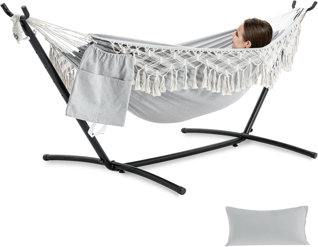 PNAEUT Handmade Tassel Hammocks, Double Hammock with Stand for Outside, Max 450 lbs Capacity, Pillow & Storage Bag Included (Grey)