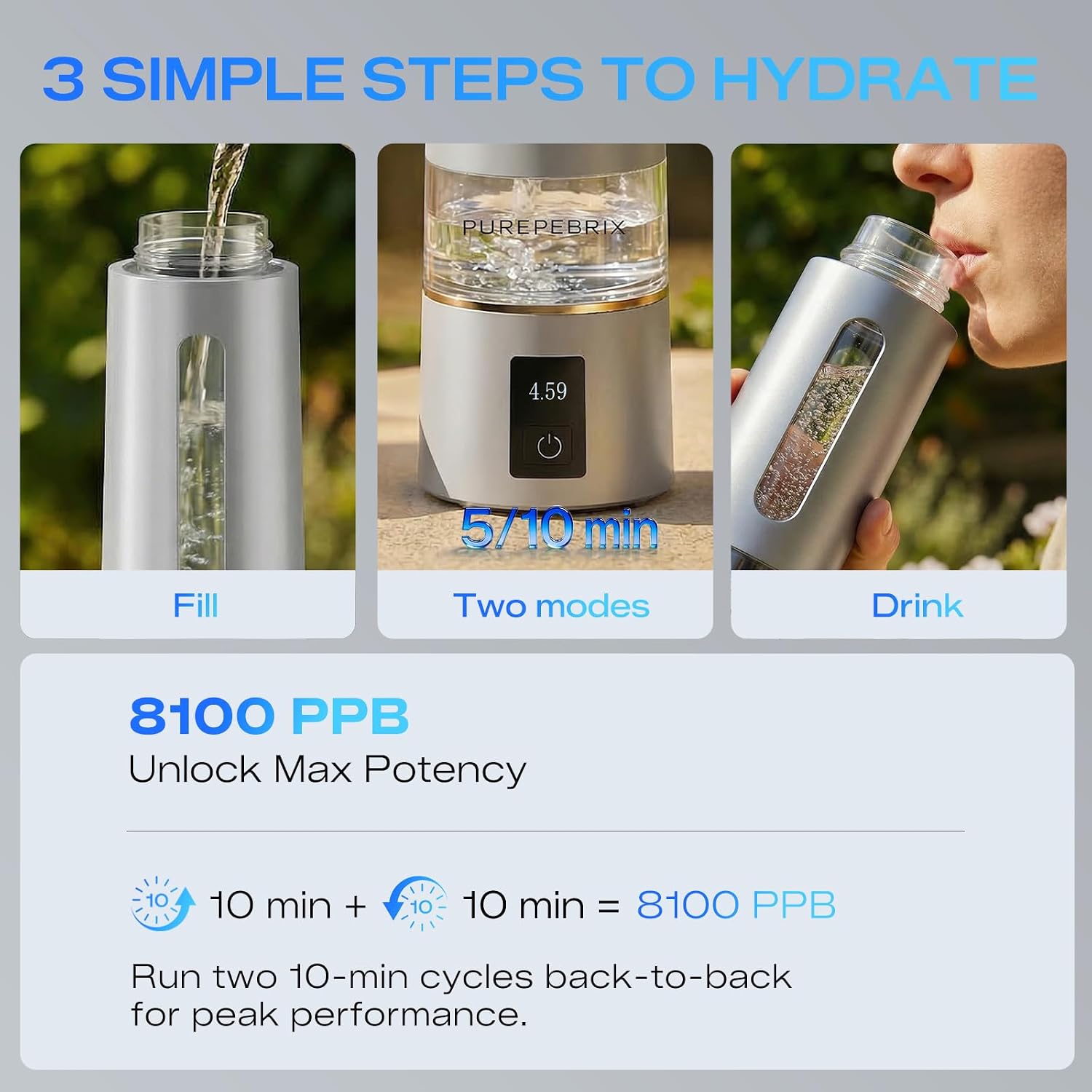 PUREPEBRIX Hydrogen Water Bottle Generator-Up to 8100 PPB Molecular Hydrogen, 12-Hour Hydrogen Retention, IHSA Certified SPE/PEM Tech, Portable Hydrogen Bottle, Healthy Gift (Platinum)