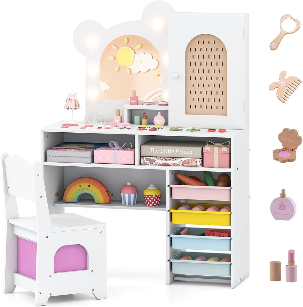 Costzon Kids Vanity with Lights, Girls Vanity Set with Mirror, Storage Drawers, Cabinet & Shelves, Toddler Makeup Vanity Desk Dressing Table, Wooden Kids Vanity Table and Chair Set (White)