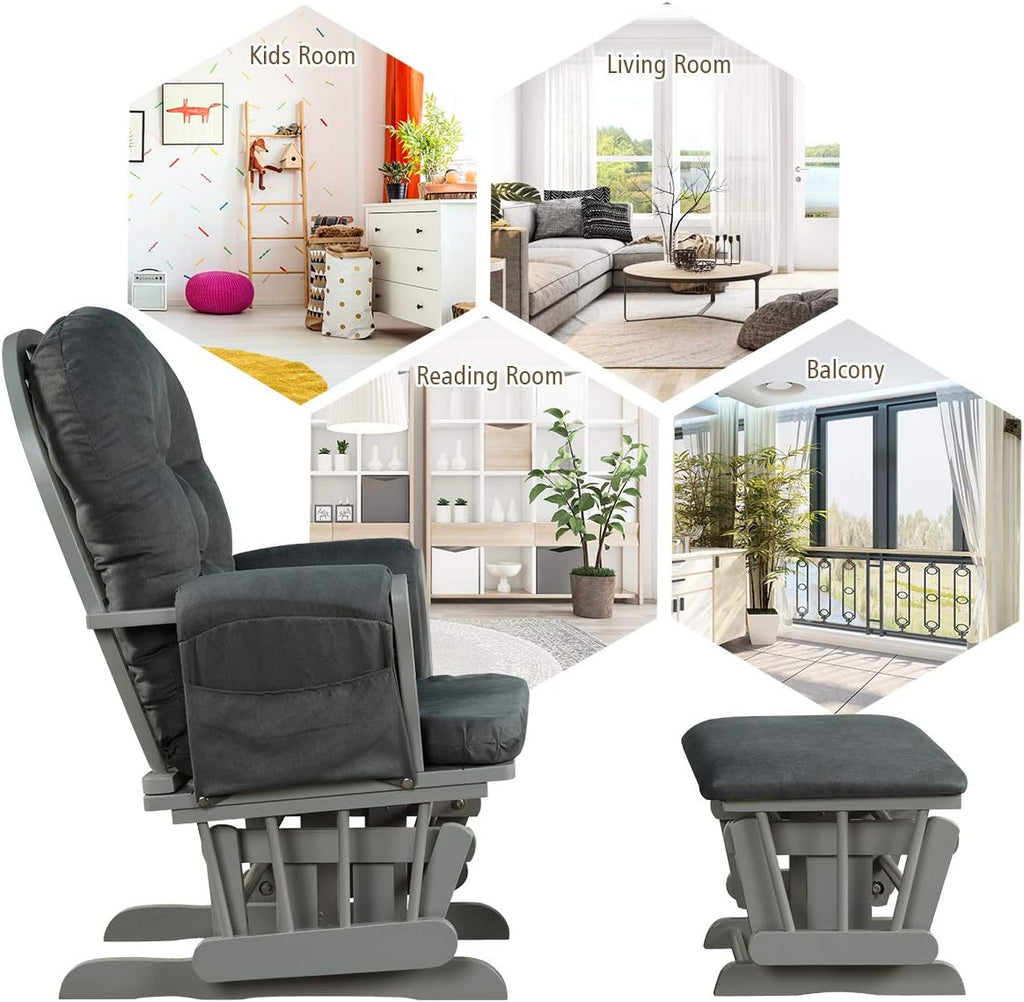 Costzon Nursery Glider with Ottoman, Upholstered Comfort Glider Rocker with Padded Cushion, Storage Pocket, Solid Wood Base, Rocking Chair Nursery for Breastfeeding, Napping (Dark Gray)