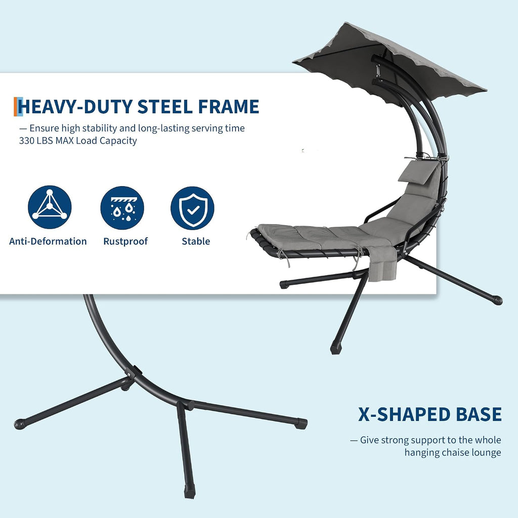 Hanging Chaise Lounge Swing Chair, Hanging Curved Chaise Lounge Chair Umbrella, Curved Steel Hammock Lounger Chairs for Outdoor Indoor Patio Pool Garden Backyard Porch